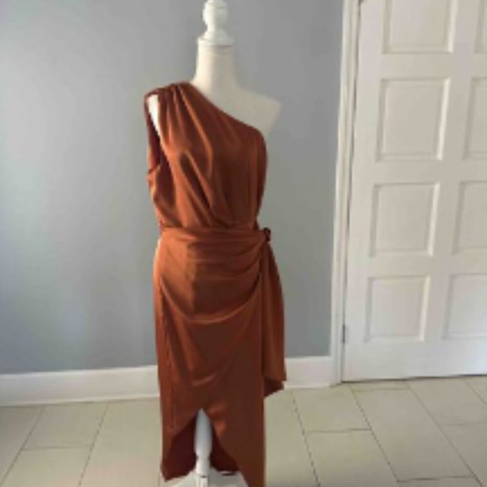One-Shoulder Satin Draped Cocktail Dress